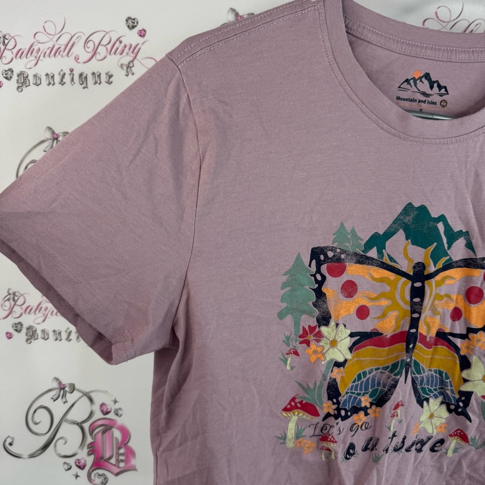 Mountain and isles cropped top let’s go outside mushroom Graphic Purple Crop Top - Picture 3 of 9